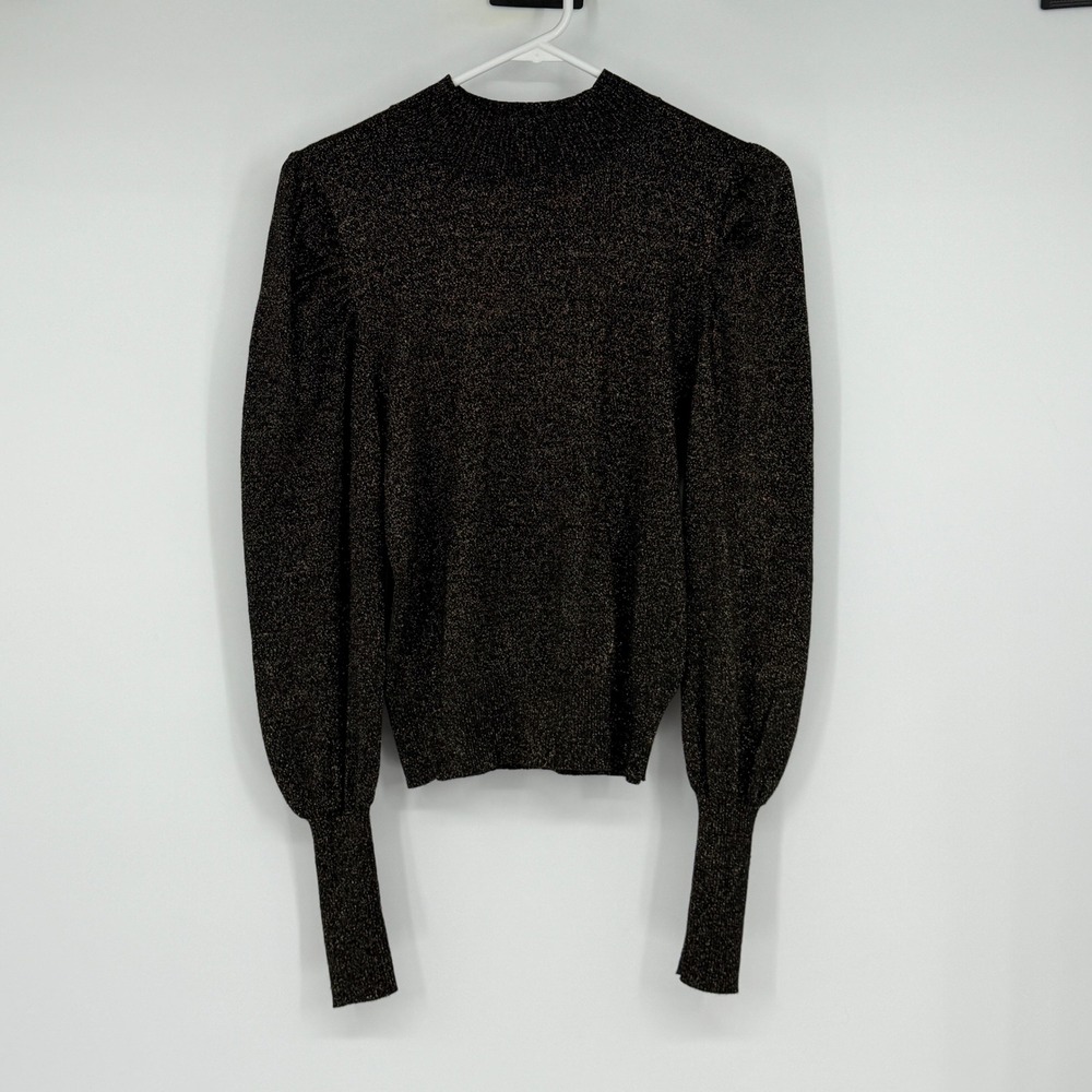 Evereve XS Black Gold Metallic Sparkle Puff Sleeve Mock Neck Lightweight Sweater